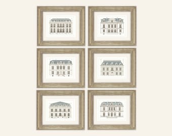 Set of 6 French Architectural House Designs on Archival Watercolor Paper