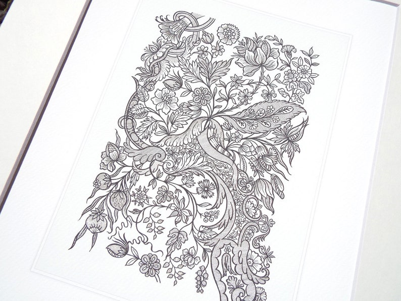 May include: Black and white floral illustration print featuring a detailed design of flowers, leaves, and a bird. The artwork is framed in a white mat, creating a classic and elegant presentation. The intricate linework adds depth and texture to the botanical theme.