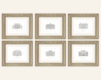 English Manor House Architectural Drawing Prints - Set of 6