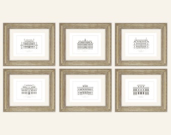 Set of 6 Architectural Drawing English Manor Houses in Grey Archival Prints on Watercolor Paper