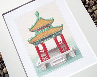 Chinoiserie Pagoda Architectural Drawing 1 Archival Quality Print on Watercolor Paper
