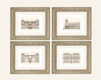 Set of 4 Architectural Prints in Sepia on Archival Watercolor Paper