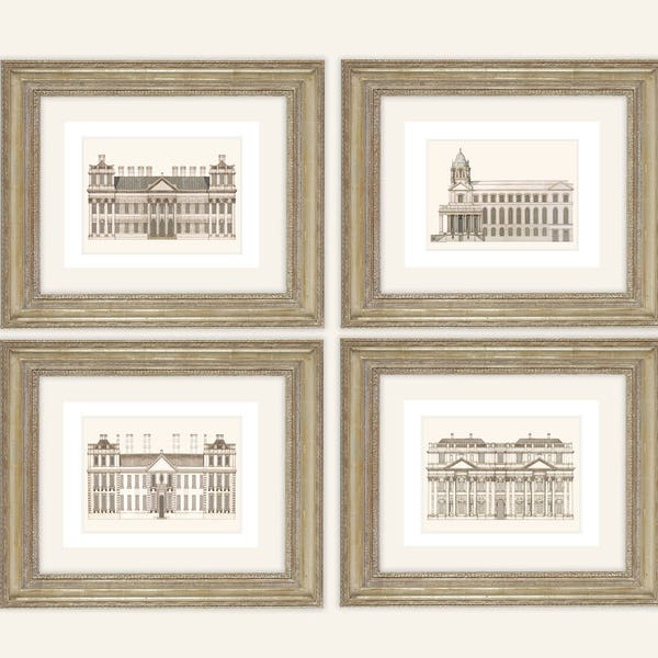 Set of 4 Architectural Prints in Sepia on Archival Watercolor Paper