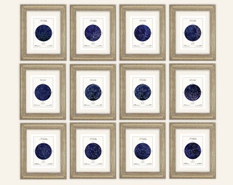 12 Month Star Map Print Set: Deep Navy Blue Celestial Astronomy Art