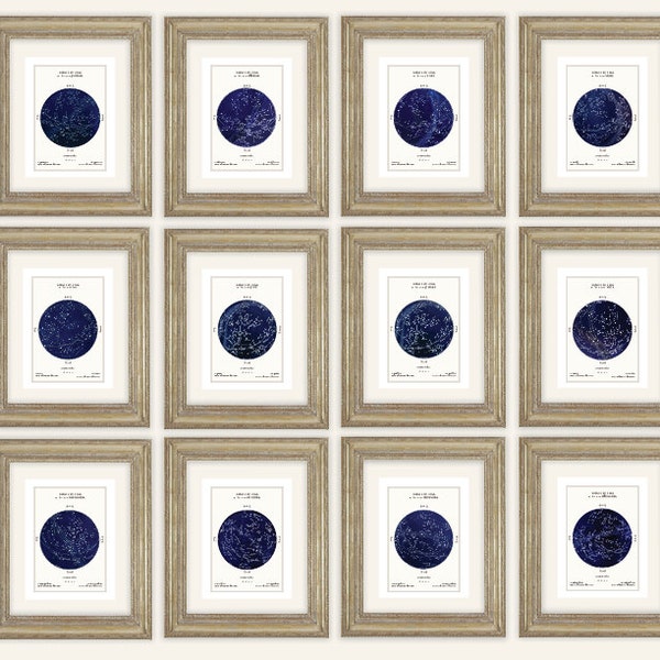 12 Months of Star Maps in Deep Navy Blue & Black, Astronomy, Constellation, Celestial Archival Print on Watercolor Paper