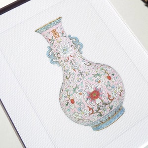 Chinoiserie Porcelain Vase in Pale Pink with Light Blue Floral Antique Illustration