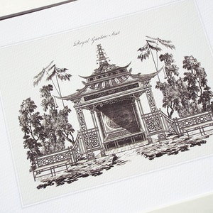 Rysunek architektoniczny w stylu chinoiserie przedstawiający siedzisko w ogrodzie królewskim, wydruk archiwalny na papierze akwarelowym