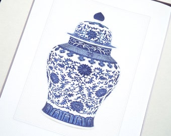 Blue & White Chinoiserie Porcelain Ginger Jar 10 Archival Print on Watercolor Paper