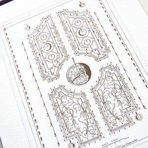 May include: A black and white line drawing of a formal garden design. The design features a central circular area surrounded by four rectangular areas with intricate patterns. The drawing is on a white background.