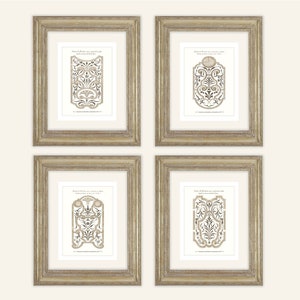 Ensemble de 4 plans de jardin à la française avec motifs de volutes en impressions sépia d'archives sur papier aquarelle