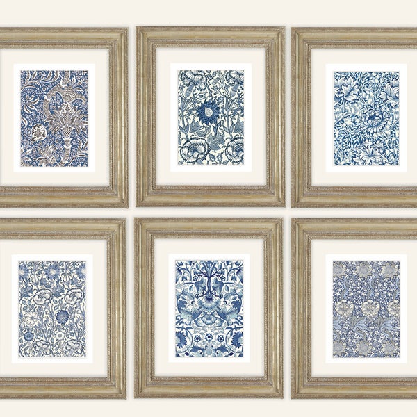 Set of 6 William Morris Navy Blue Botanical Archival Quality Prints on Watercolor Paper