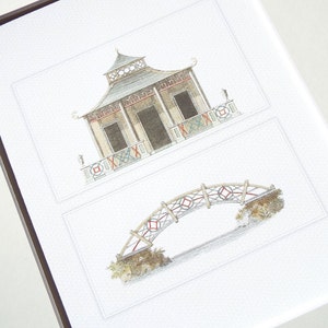 Pagoda Style Building with Garden Bridge Architectural Drawing Archival Quality Print