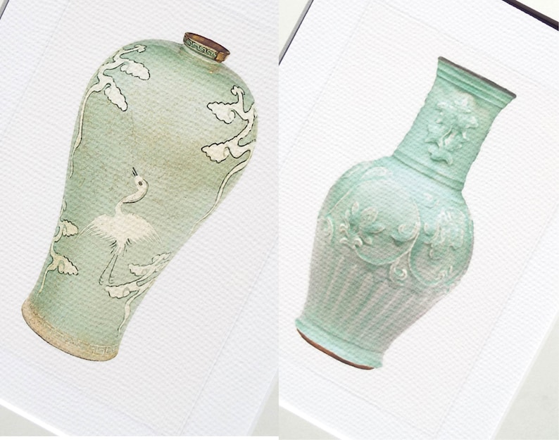 6 Set of Chinoiserie Celadon Green Porcelain Vase Illustrations Archival Prints image 4