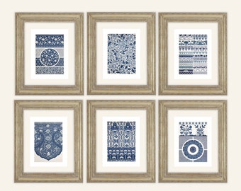 Set of 6  Blue & White Chinoiserie Floral and Geometric Ornamental Patterns Antique Illustration Archival Print