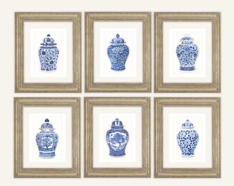Ensemble d'impressions chinoises de pots de gingembre : art floral bleu bleuet, papier aquarelle