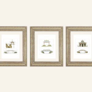 3 set tuiningang en brug in pagodestijl Architecturale tekening afdrukken van archiefkwaliteit