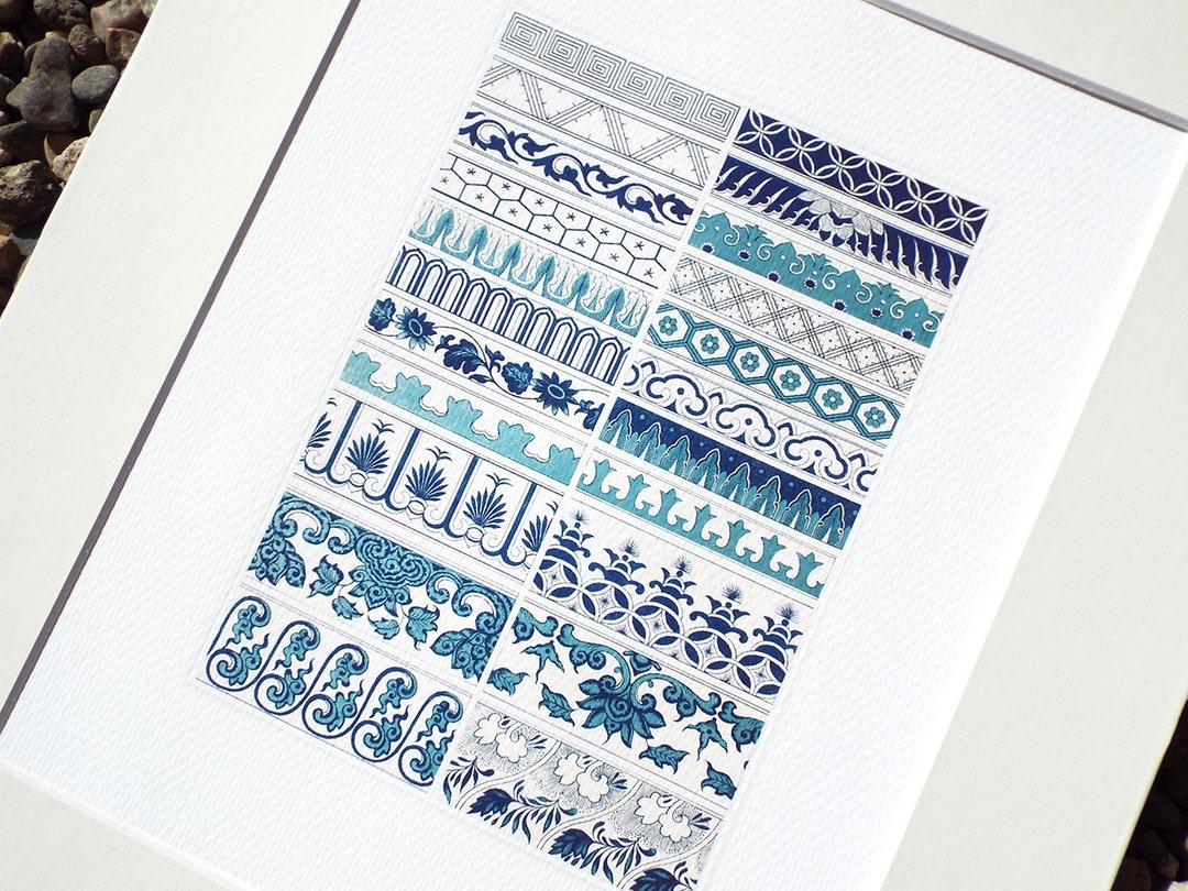 Blue & White Chinoiserie Floral and Geometric Ornamental Borders