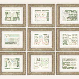 Set van 9 Franse antieke tuinplattegronden van het kasteel van Petit-Bourg op gearchiveerd aquarelpapier