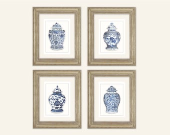 Set of 4 Blue & White Ginger Jar Fine Art Prints on Archival Watercolor Paper