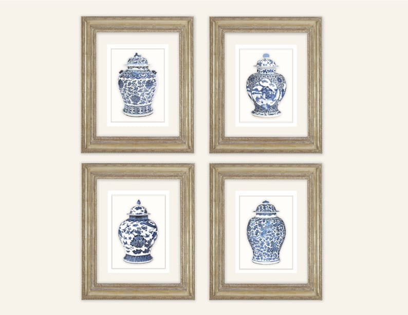 Set of 4 Blue & White Ginger Jar Fine Art Prints on Archival Watercolor Paper image 1