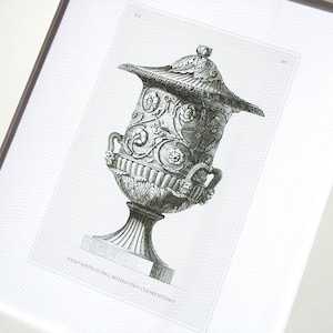 Op de afbeelding: Een zwart-witte gravure van een sierlijke, gedetailleerde, decoratieve vaas met een deksel. De vaas is versierd met bloemmotieven en heeft een voet met een sokkel. De tekst "Vaso antico nel museo pio-Clementino" staat onder de vaas.