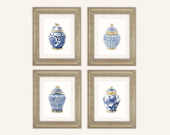 Lot de 4 impressions de pots de gingembre avec des touches d'or sur papier d'archives