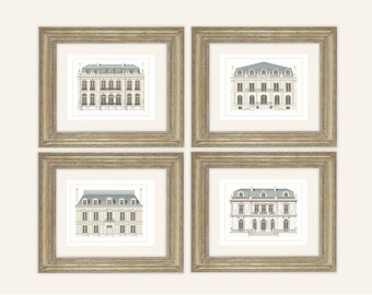 Set of 4 French Architectural House Designs on Archival Watercolor Paper