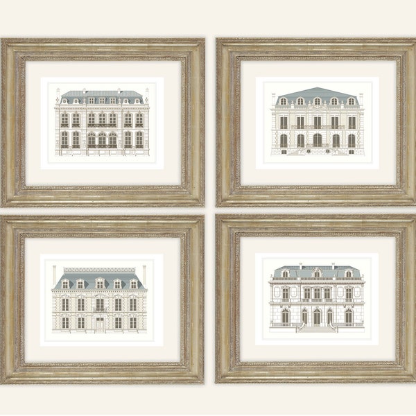 Set of 4 French Architectural House Designs on Archival Watercolor Paper