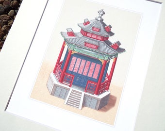 Chinoiserie Pagoda Architectural Drawing 8 Archival Quality Print on Watercolor Paper