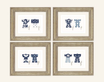 Set of 4 Navy Kimono Design Drawing Archival Prints on Watercolor Paper