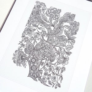May include: Black and white floral illustration print. The artwork features intricate details of flowers, leaves, and swirling patterns. The print is framed in a white mat, creating a classic and elegant presentation. The overall design is detailed and ornate.