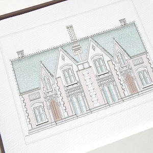 Architectural Print 1 of Pastel English Manor House Drawing on Archival Watercolor Paper