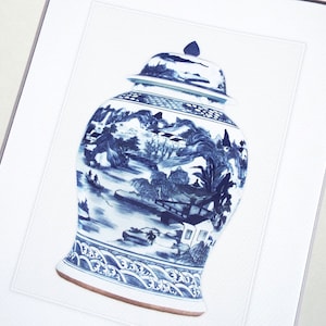 Blue & White Chinoiserie Porcelain Ginger Jar Country Scene 4 Archival Print on Watercolor Paper