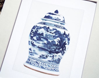 Blue & White Chinoiserie Porcelain Ginger Jar Country Scene 4 Archival Print on Watercolor Paper