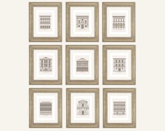 Zestaw 9 rysunków fasad architektonicznych Włoch w sepii na papierze akwarelowym archiwalnym
