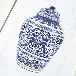 Blue & White Chinoiserie Porcelain Ginger Jar 1 Archival Print on Watercolor Paper