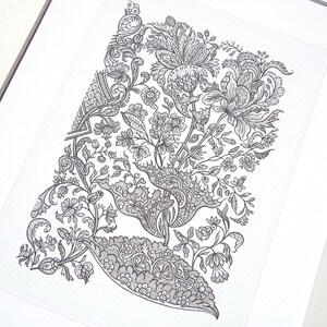 May include: Black and white floral print art framed in a white mat. The detailed illustration features a variety of flowers, leaves, and ornate scrollwork. The artwork is a detailed pen and ink drawing.