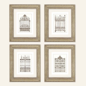 Set van 4 Franse architectuurtekeningen van Iron Gates Archiefkwaliteit afdrukken op aquarelpapier