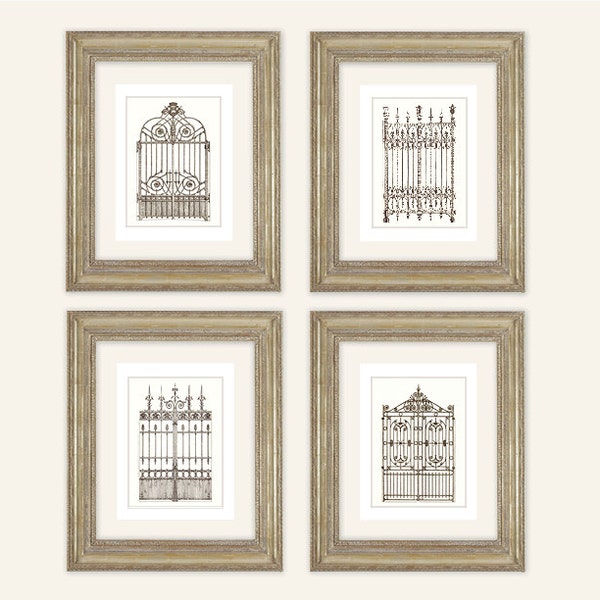 Set of 4 French Architectural Drawings of Iron Gates Archival Quality Print on Watercolor Paper