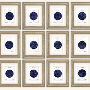 Mapas estelares mensuales franceses en azul marino oscuro y negro, astronomía, constelación, impresión de archivo celestial en papel de acuarela