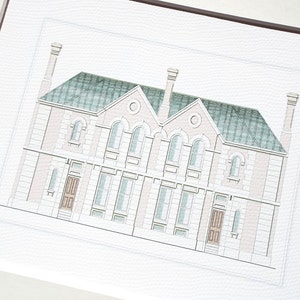 Architectural Print 10 of Pastel English Manor House Drawing on Archival Watercolor Paper