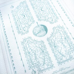 May include: A blueprint style illustration of a garden design with a circular fountain in the centre. The design features intricate patterns and details, including a border of small trees.