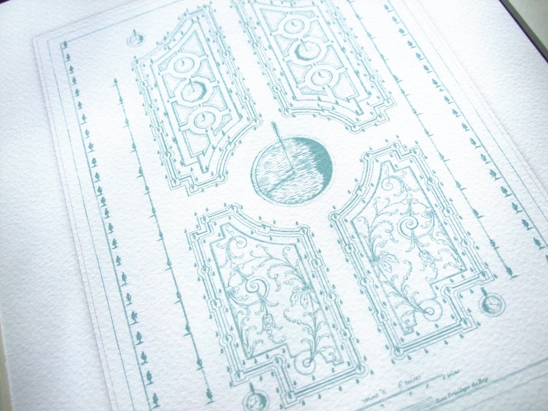 May include: A blueprint style illustration of a garden design with a circular fountain in the centre. The design features intricate patterns and details, including a border of small trees.