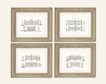 Konsttryck med Chinoiserie-trädgårdsstaket - Sepia Antik Stil, Set om 4