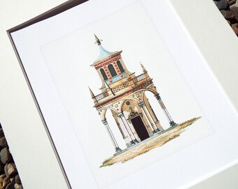Moroccan Garden Pavilion with Red Stars Architectural Archival Quality Print