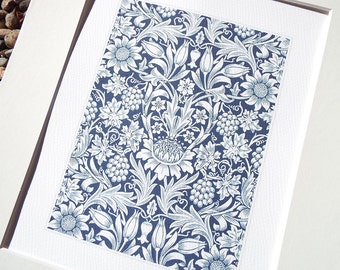 William Morris Navy Blue Botanical Wallpaper Pattern 1 Archival Quality Print on Watercolor Paper