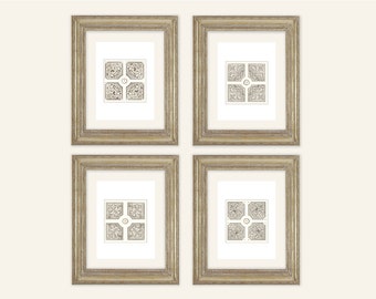 Set of 4 Sepia Antique French Square Garden Plans Archival Quality Prints