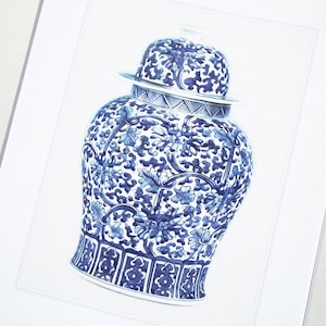 Blue & White Chinoiserie Porcelain Ginger Jar 13 Archival Print on Watercolor Paper