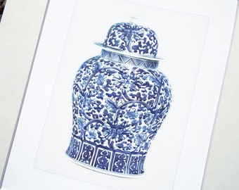 Blue & White Chinoiserie Porcelain Ginger Jar 13 Archival Print on Watercolor Paper