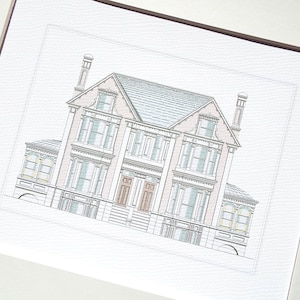 Architectural Print 3 of Pastel English Manor House Drawing on Archival Watercolor Paper